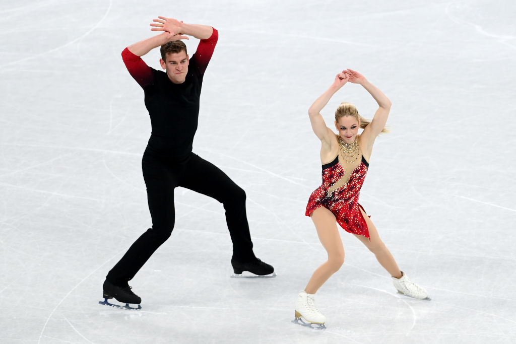 Alexa Knierim and Brandon Frazier of Team USA skate in the Pair Skating Short Program Team Event during the Beijing 2022 Winter Olympic Games at Capital Indoor Stadium on Feb. 4, 2022 in Beijing. (Justin Setterfield–Getty Images)