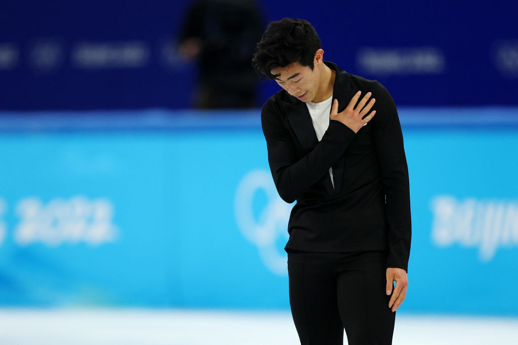 Nathan Chen of Team USA reacts in the Men's Single Skating Short Program Team Event during the Beijing 2022 Winter Olympic Games at Capital Indoor Stadium on February 4, 2022 in Beijing. (Elsa–Getty Images)