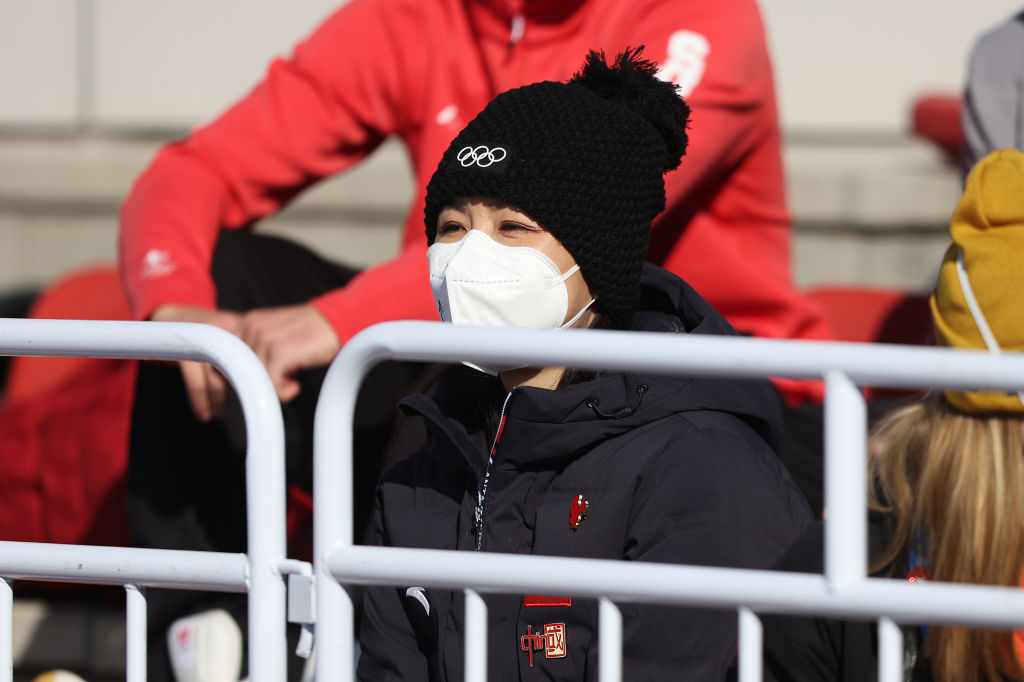 Chinese tennis player Peng Shuai looks on during the Women's Freestyle Skiing Freeski Big Air Final on Day 4 of the Beijing 2022 Winter Olympic Games at Big Air Shougang on Feb. 8, 2022 in Beijing. (Richard Heathcote–Getty Images)