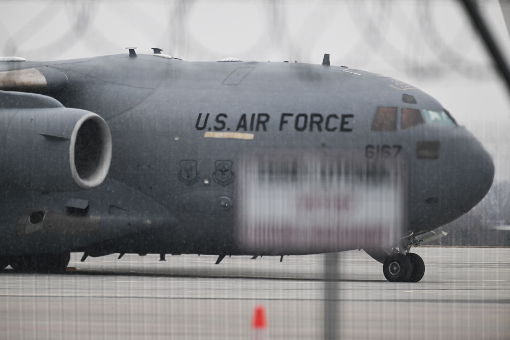 U.S. army cargo aircraft with soldiers arrive at the Rzeszow airport in Rzeszow, Poland, on February 06, 2022. (Anadolu Agency—Getty Images)