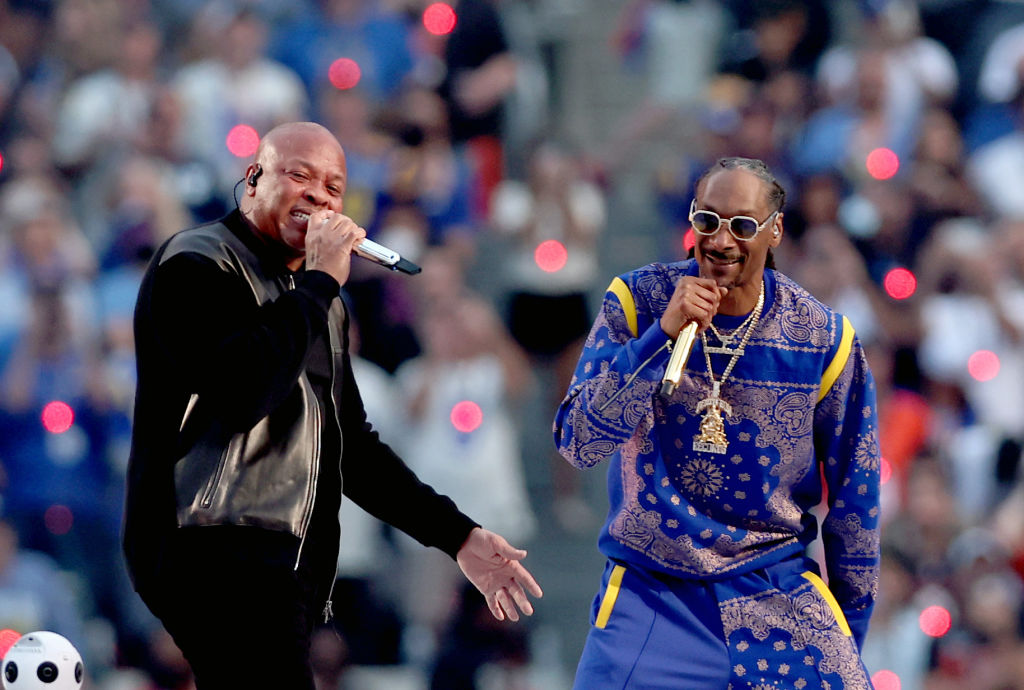 Dr. Dre and Snoop Dogg perform during the Pepsi Super Bowl LVI Halftime Show. (Rob Carr/Getty Images)
