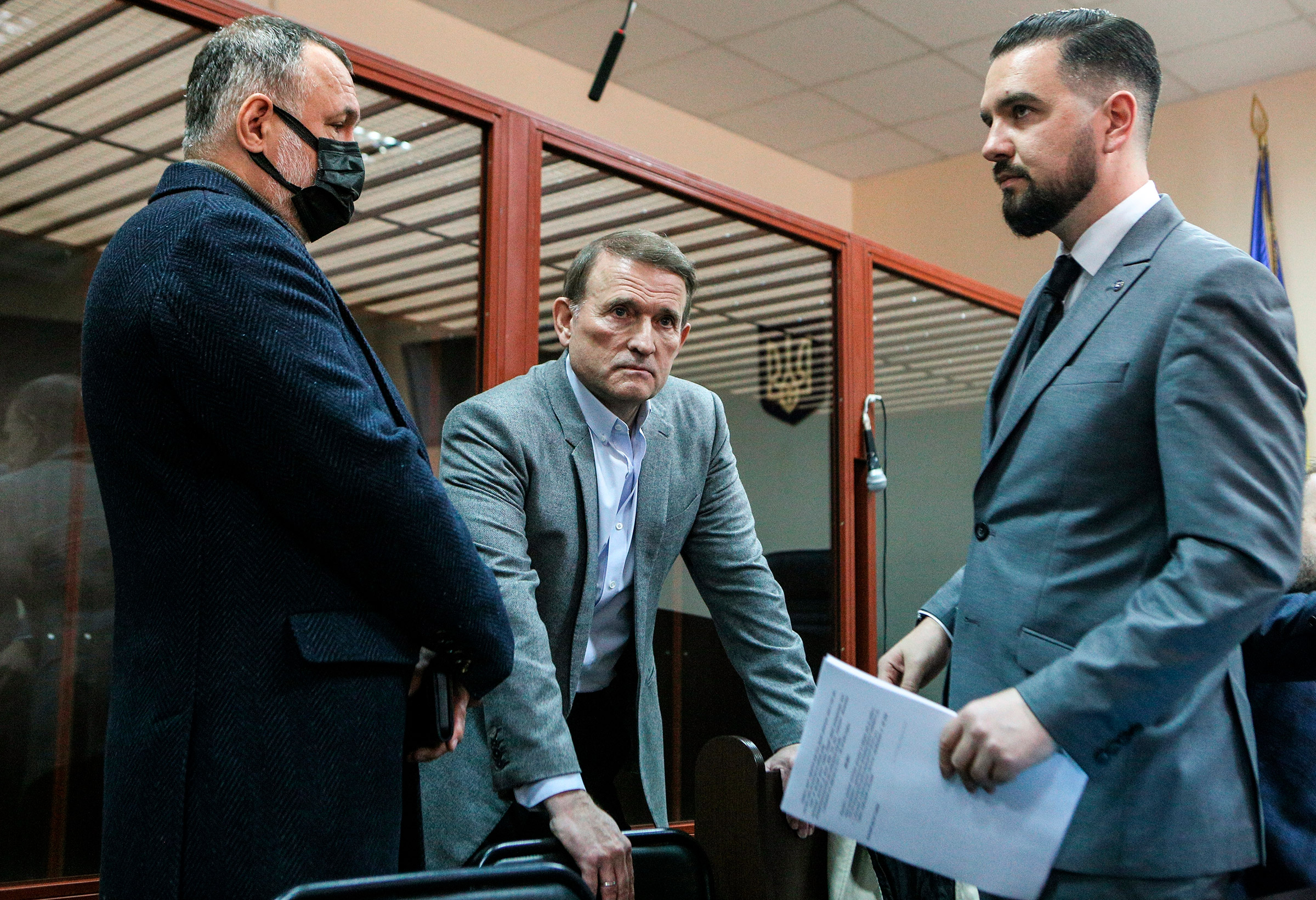 Medvedchuk, center, faces treason charges in Kyiv (Sputnik/AP)