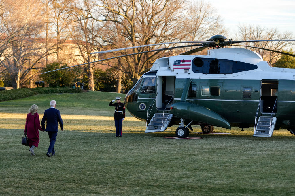 U.S. President Joe Biden and First Lady Dr. Jill Biden walk to Marine One on the South Lawn of the White House February 25, 2022 in Washington, DC. (Drew Angerer—Getty Images)