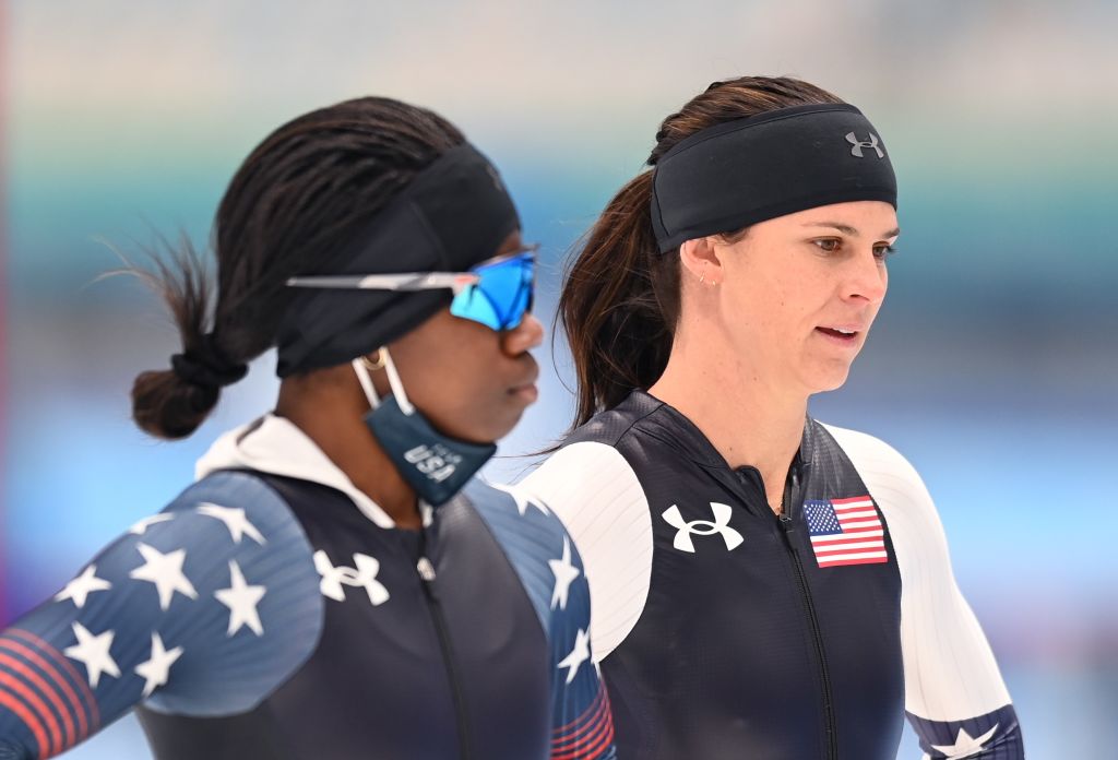Erin Jackson and Brittany Bowe of Team USA take part in a training session at the National Speed Skating Oval in Beijing, capital of China, Jan. 30, 2022. (Wu Wei—Xinhua via Getty Images)