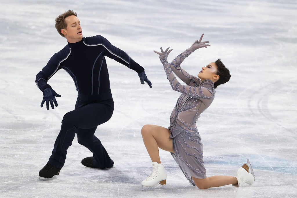 Madison Chock and Evan Bates of Team USA skate during the Pair Skating Free Skating Team Event on day three of the Beijing 2022 Winter Olympic Games at Capital Indoor Stadium on Feb. 7, 2022 in Beijing, China. (Jean Catuffe—Getty Images)