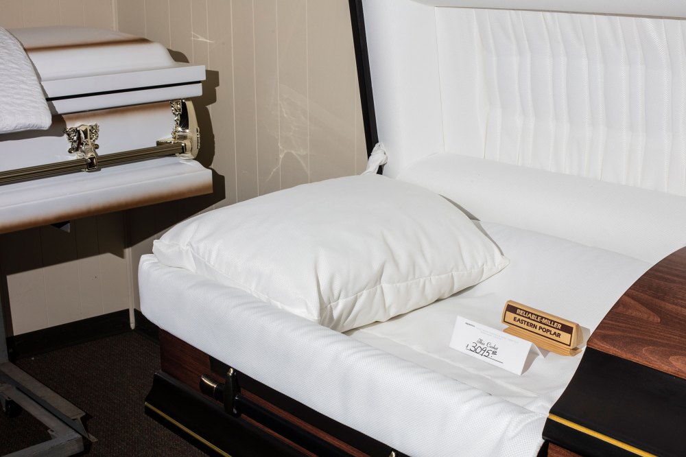 Caskets in a show room during a Kean University course on death at Galante Funeral Home in Union, N.J., on Wednesday, February 2, 2022.CREDIT: Bryan Anselm/Redux for TIME