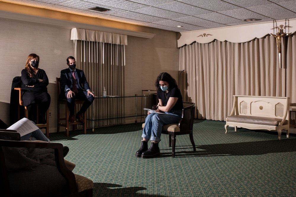 Professor Norma Bowe (left) listens as a student reads a testimonial about death written for a class assignment during a Kean University course on death at Galante Funeral Home in Union, N.J., on Wednesday, February 2, 2022.CREDIT: Bryan Anselm/Redux for TIME