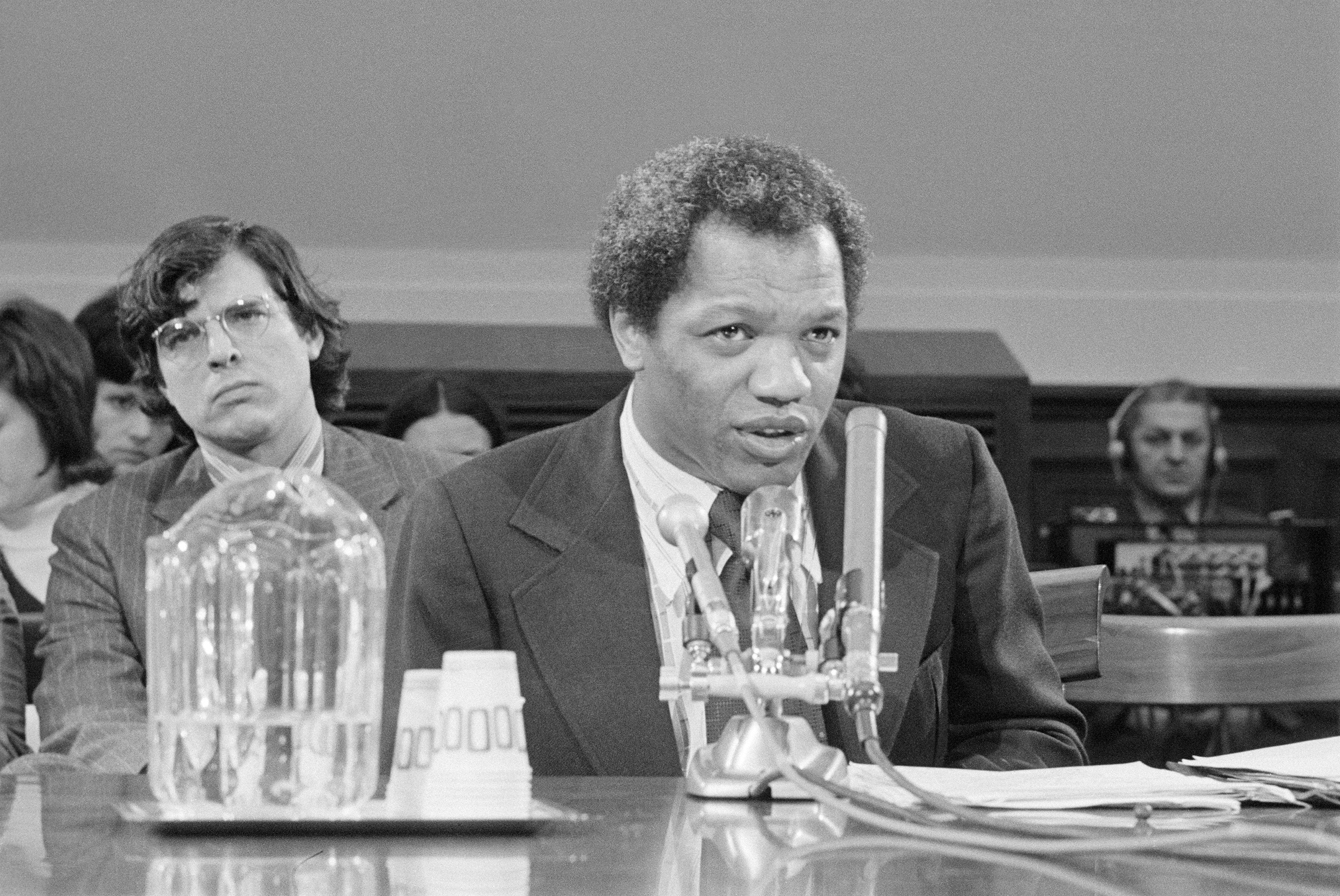 Caldwell on Feb. 5, 1973 is shown testifying before a House Judiciary subcommittee that constitutional guarantees of a free press were gravely damaged by a Supreme Court ruling and that reporters may be required to reveal certain information gained in confidence. (Bettmann Archive/Getty Images)