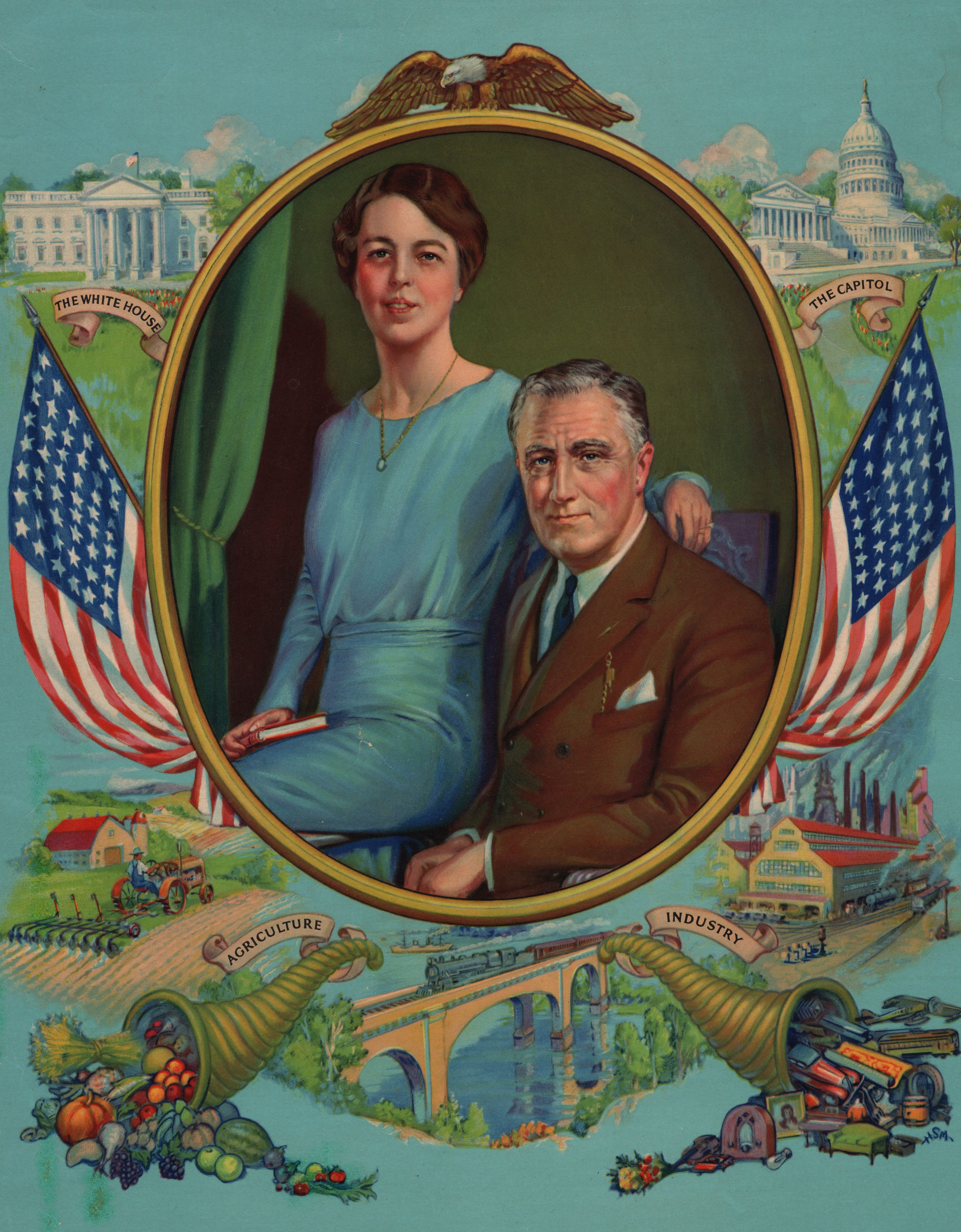 A circa-1930s illustrated portrait of U.S. President Franklin D. Roosevelt and First Lady Eleanor Roosevelt, surrounded by vignettes that suggest national prosperity. (Transcendental Graphics—Getty Images)