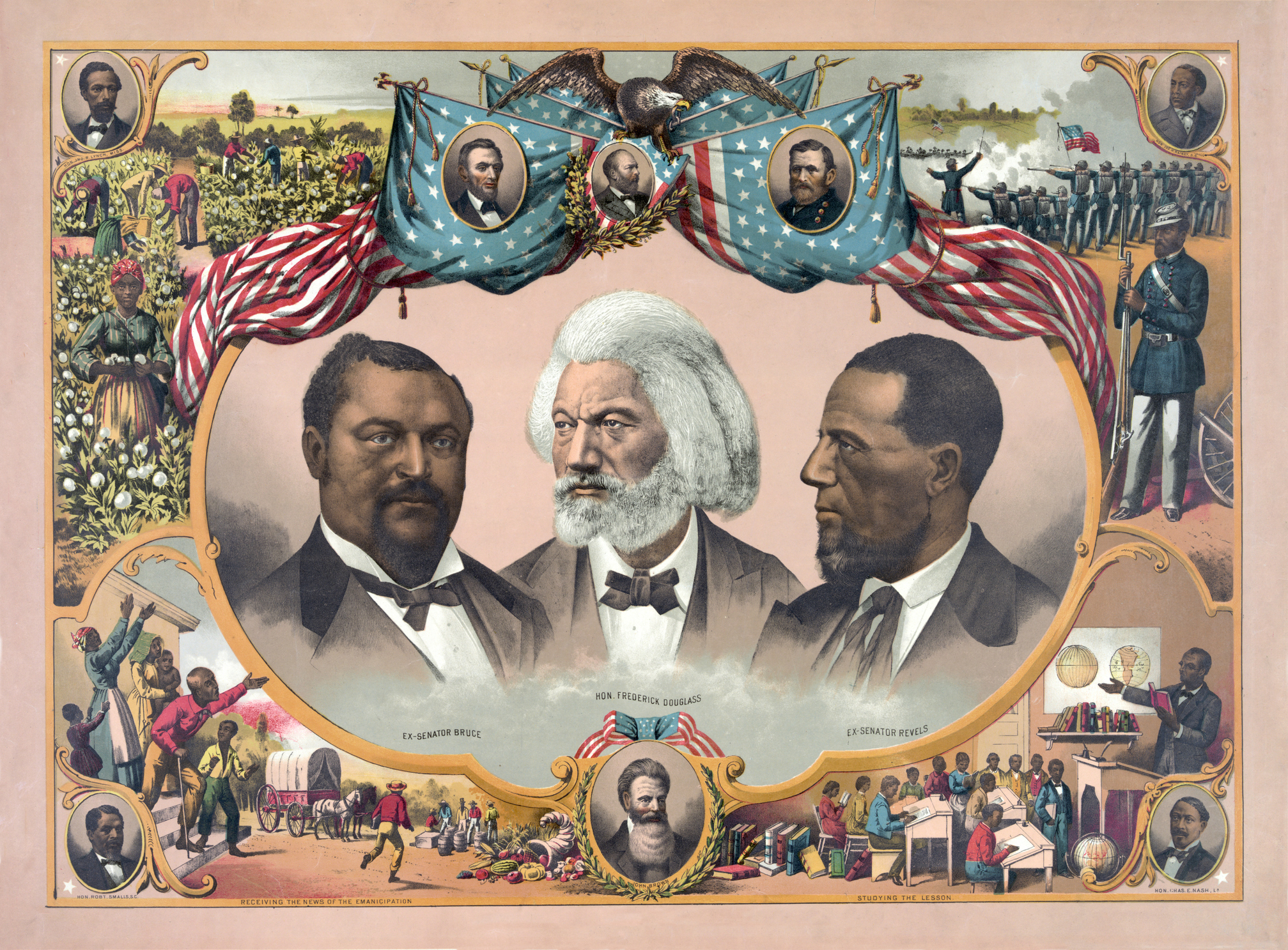 Vintage illustration features portraits of African-American heroes, including Blanche Kelso Bruce, Frederick Douglass, and Hiram Rhodes Revels, surrounded by scenes of African-American life in the mid 1800s and portraits of Abraham Lincoln, James A. Garfield, and Ulysses S. Grant. (Getty Images)