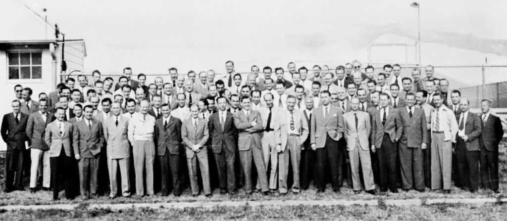 Group of 104 German rocket scientists in 1946, including Wernher von Braun, Ludwig Roth and Arthur Rudolph, at Fort Bliss, Texas. (Donaldson Collection—Getty Images)