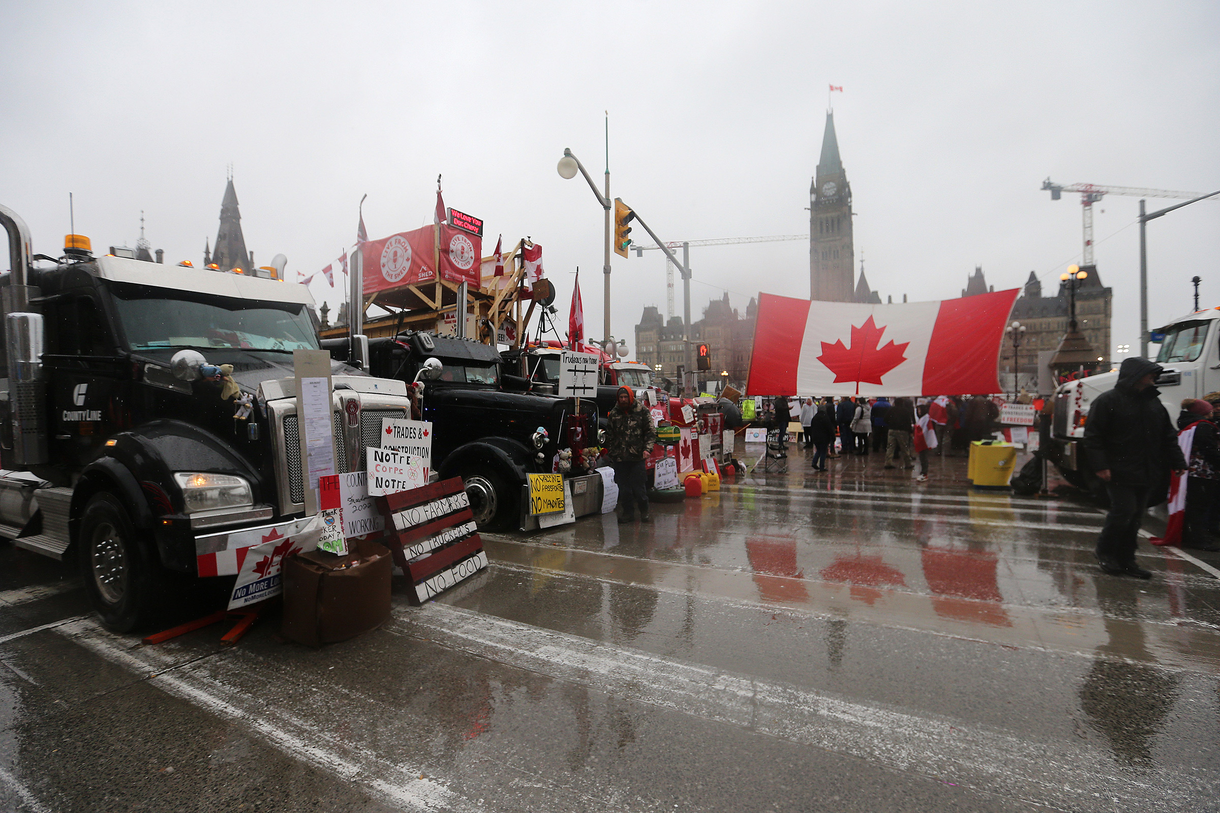 Truckers on Wellington Street in front of Parliament Hill in Ottawa, Canada on February 17, 2022. (Steve Russell—Toronto Star/ Getty Images)