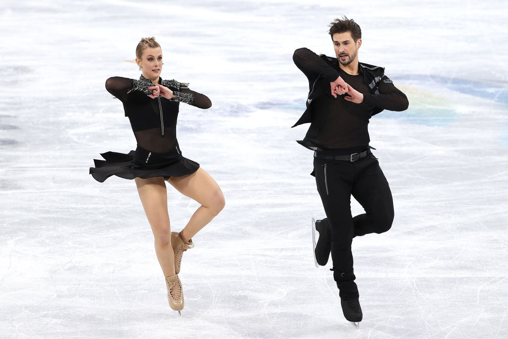 Madison Hubbell and Zachary Donohue of Team USA skate in the Ice Dance Rhythm Dance Team Event during the Beijing 2022 Winter Olympic Games at Capital Indoor Stadium on Feb. 4, 2022 in Beijing, China. (Jean Catuffe—Getty Images)
