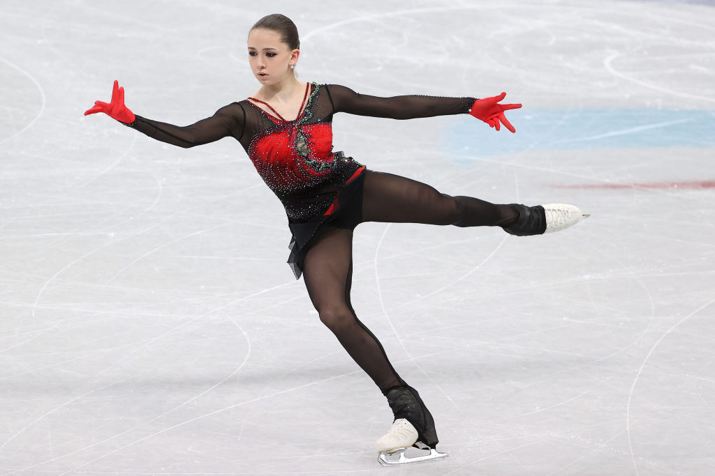 Kamila Valieva of Team Russia skates during the Women Single Skating Free Skating Team Event on day three of the Beijing 2022 Winter Olympic Games at Capital Indoor Stadium on Feb. 07, 2022 in Beijing, China. (Jean Catuffe–Getty Images)