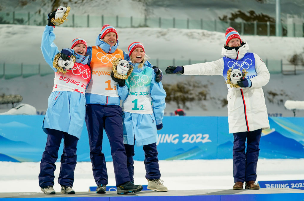 Norway Team wins the gold medal during the Olympic Games 2022, Biathlon Mixed Relay on Feb. 5, 2022 in Zhangjiakou China. (Michel Cottin—Agence Zoom/Getty Images)
