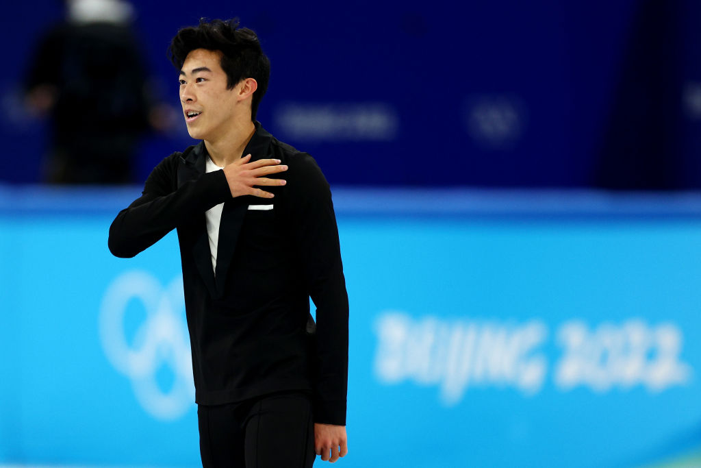 Nathan Chen of Team USA reacts in the Men's Single Skating Short Program Team Event during the Beijing 2022 Winter Olympic Games at Capital Indoor Stadium on Feb. 4, 2022 in Beijing, China. (Elsa—Getty Images)