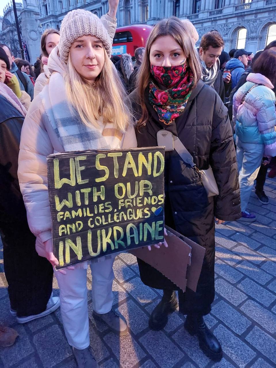 Valeriia and her friend Viktoria at a protest at 10 Downing Street in London to call on the world to stand with Ukraine, on Feb. 24, 2022. (Courtesy Valeriia Voshchevska)