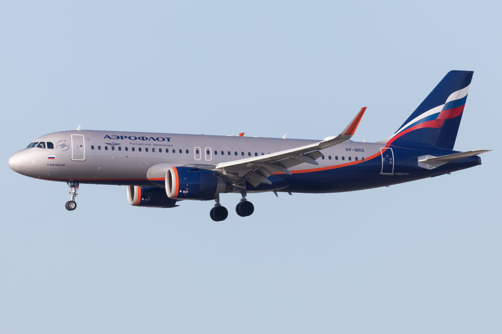 An Aeroflot Airlines of Russia Airbus A320 lands at Frankfurt Airport, Frankfurt, Germany, on February 23, 2022. (Robert Smith—News/NurPhoto/Getty Images)