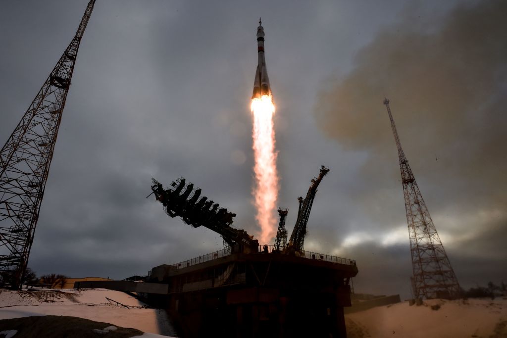 The Soyuz MS-20 spacecraft carrying the crew of Russian cosmonaut Alexander Misurkin, Japanese billionaire Yusaku Maezawa and his production assistant Yozo Hirano blasts off to the International Space Station (ISS) from the Moscow-leased Baikonur cosmodrome in Kazakhstan on December 8, 2021.