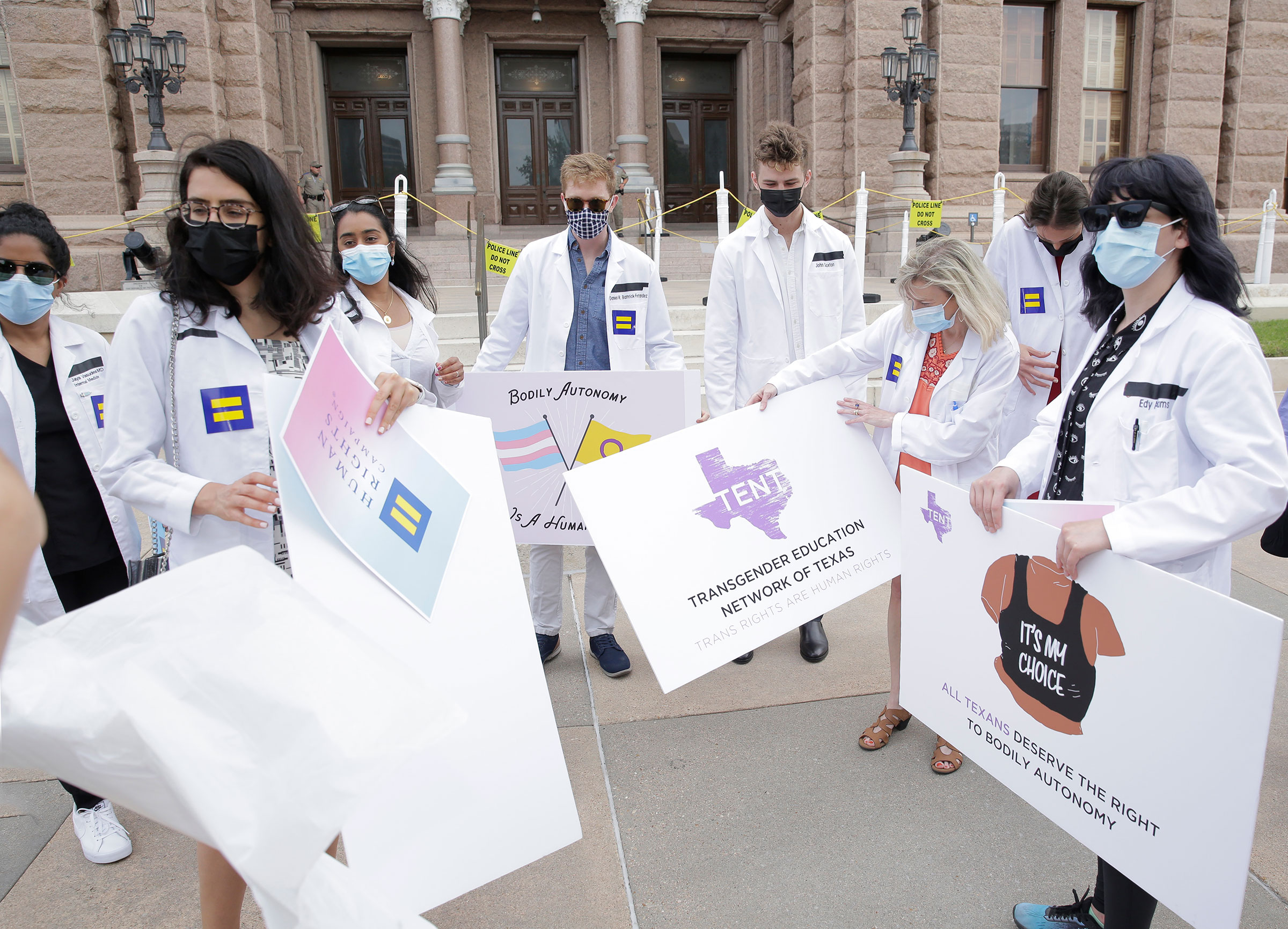 Medical professionals speak out against legislation that would ban the gender-affirming medical care recommended by every major medical association, at a rally at the Texas State Capitol in Austin on May 4, 2021. (Erich Schlegel—Human Rights Campaign/AP)