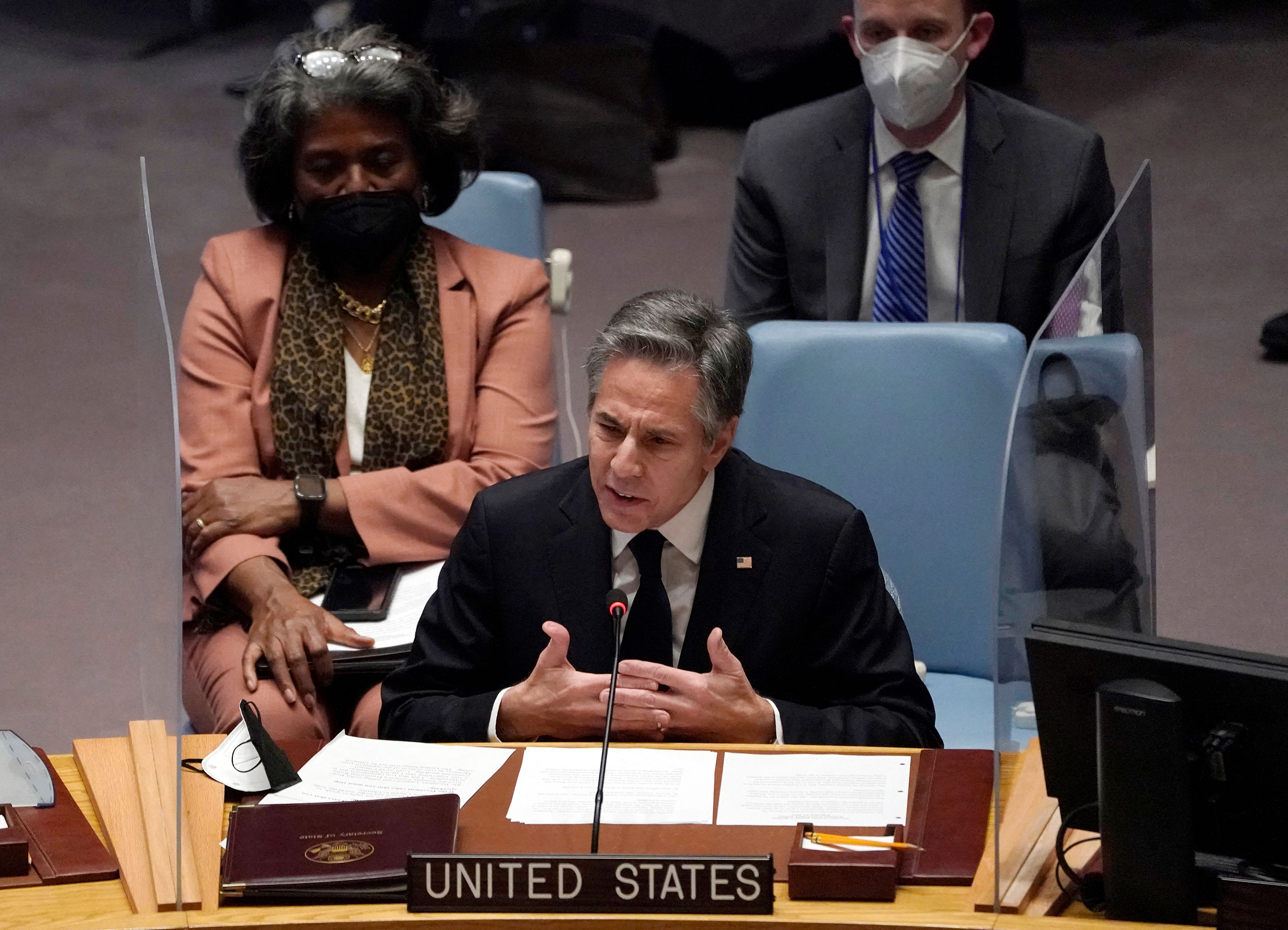 U.S. Secretary of State Antony Blinken speaks at a UN Security Council meeting on Ukraine in New York City, on Feb. 17, 2022. (Timothy A. Clary—AFP/Getty Images)