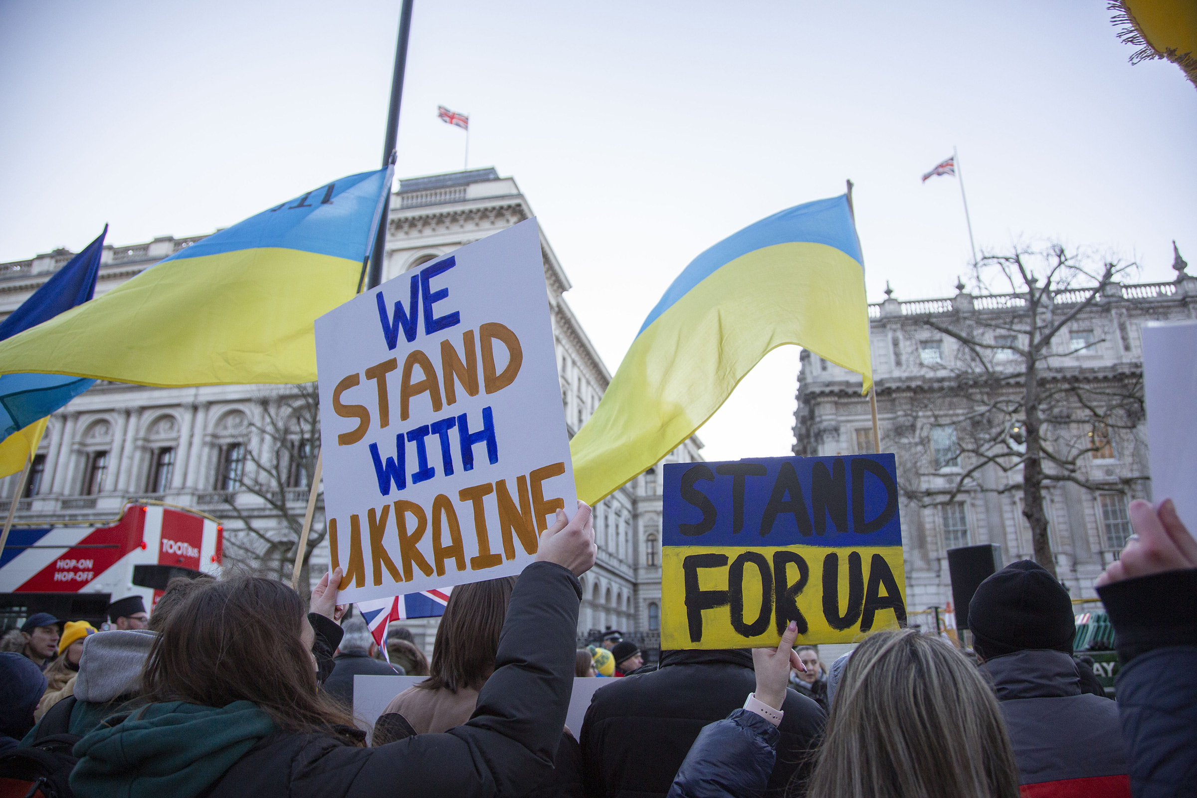 Anti-war demonstrators and Ukrainians living in the U.K., gather around 10 Downing Street in London to protest against Russia's military operation in Ukraine, on Feb. 24, 2022. (Rasid Necati Aslim—Anadolu Agency/Getty Images)