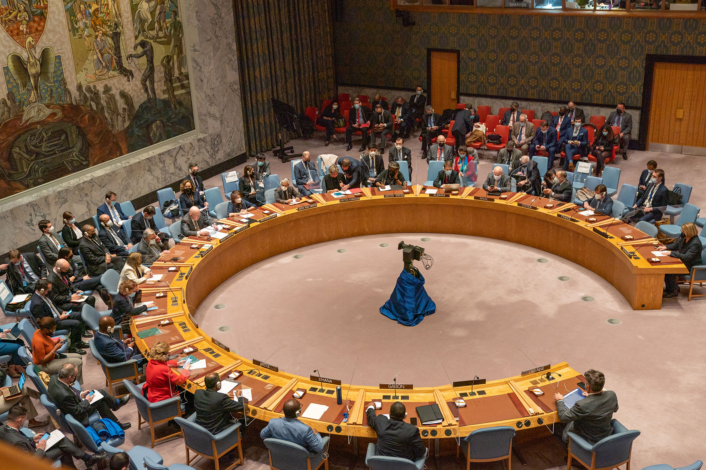 The United Nations security council gathers for an emergency meeting at the request of Ukraine over the threat of a full-scale invasion by Russia, in New York City on Feb. 23, 2022. (David Dee Delgado—Getty Images)