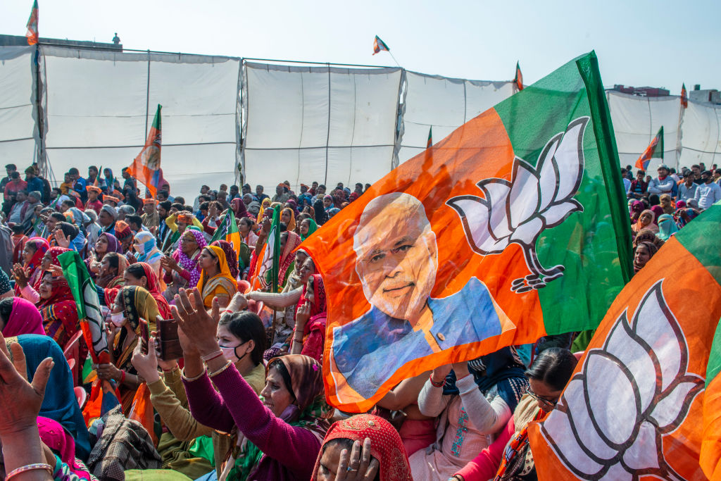 Local women attend  Indian Home Minister Amit Shah's rally at Prithviraj Degree College in Uttar Pradesh (Pradeep Gaur—SOPA Images—LightRocket/ Getty Images)