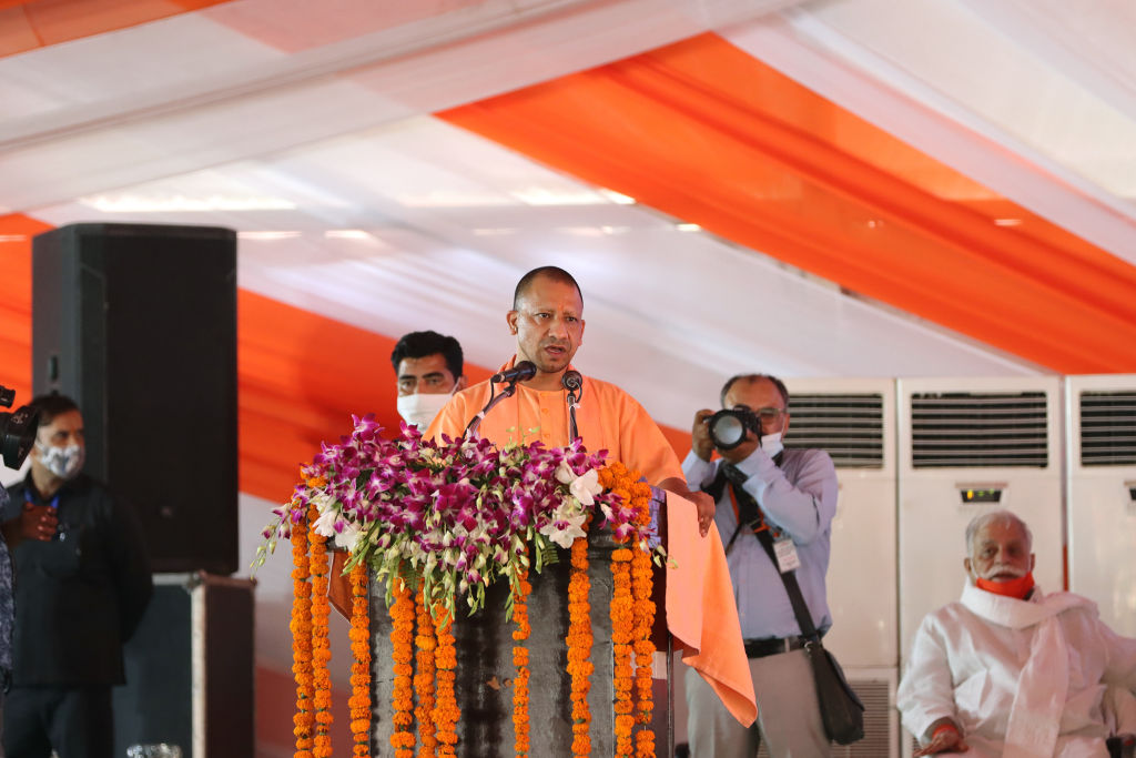 Yogi Adityanath, chief minister of Uttar Pradesh, speaks on stage during the inauguration of the Awadh Shilpgram cultural center and marketplace in Lucknow, India, on March 19, 2021. (T. Narayan—Bloomberg/Getty Images)