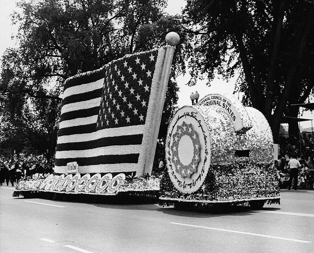 View of an American flag float during a U.S. Bicentennial parade, July 1976. (Getty Images)