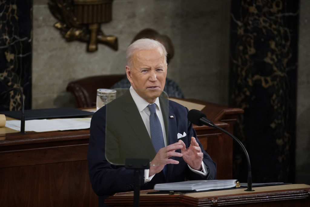 U.S. President Joe Biden speaks during a State of the Union address at the U.S. Capitol in Washington, D.C., U.S., on March 1, 2022.  During his campaign for the presidency, Joe Biden made criminal justice reform a focal point. A little more than a year into his first term, Biden has followed through on some of his promises but fallen short on others. (Al Drago—Getty Images)