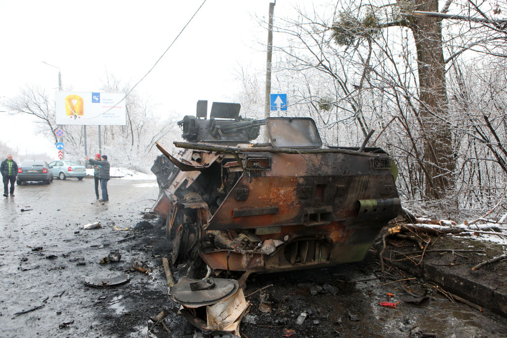 A damaged military vehicle seen on the outskirts of Kharkiv, northeastern Ukraine, on Feb. 26, 2022 (Vyacheslav Madiyevskyy/ Ukrinform/Future Publishing via Getty Images)