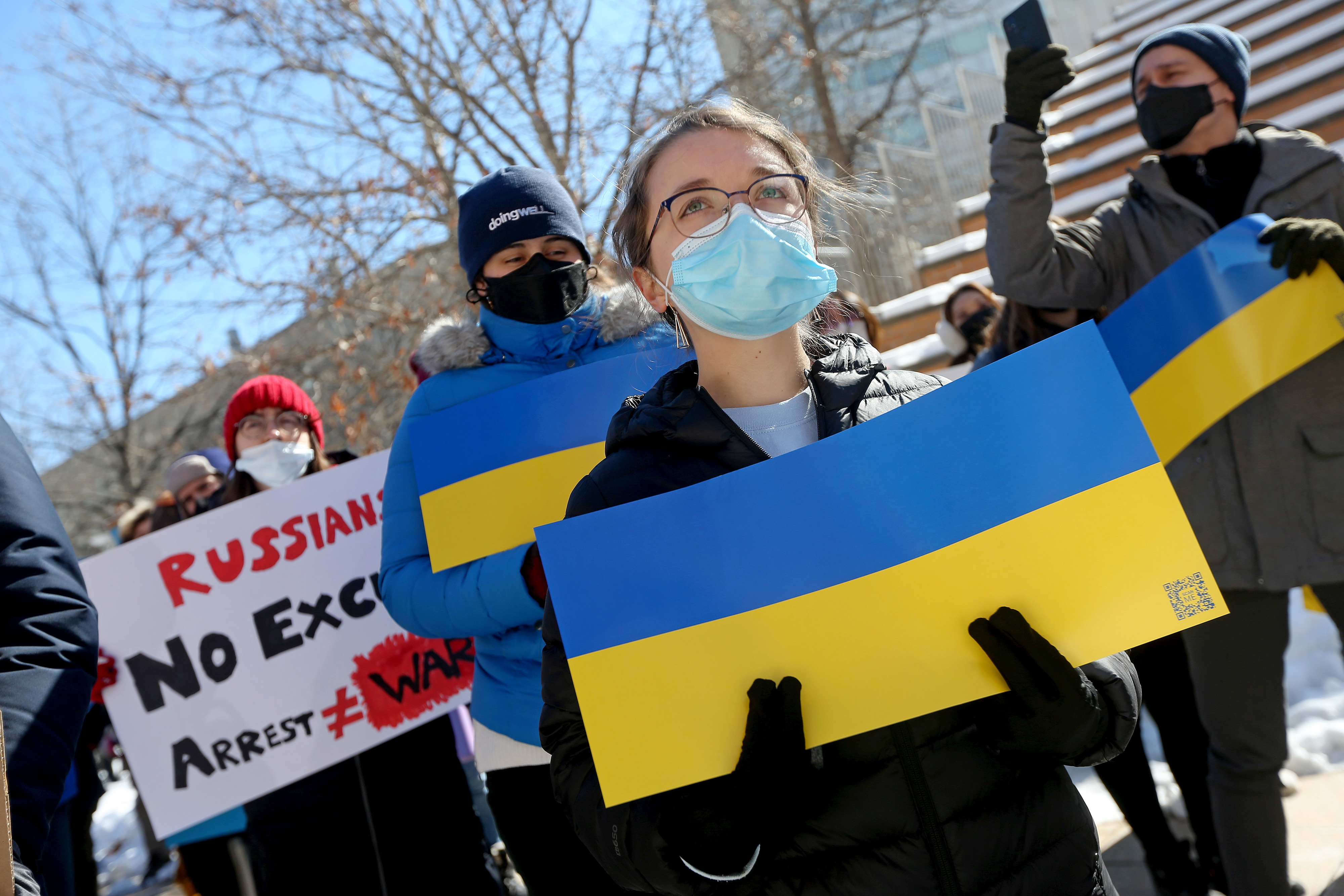 Students from MIT protest Russia's invasion of Ukraine on Feb. 28, in Cambridge, Mass. (Matt Stone—MediaNews Group/Getty Images)