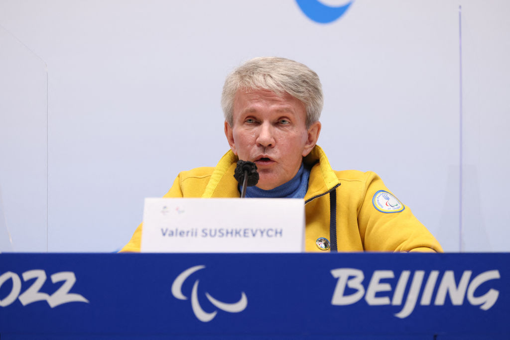 Valerii Sushkevych, president of the Ukrainian Paralympic Committee, speaks to the media during a press conference ahead of the Beijing 2022 Winter Paralympic Games in Beijing on March 3, 2022. (STR/AFP—Getty Images)