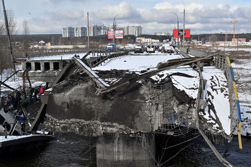 A view of a destroyed bridge in the city of Irpin, northwest of Kyiv, on March 8, 2022. (Sergei Supinsky—AFP/Getty Images)