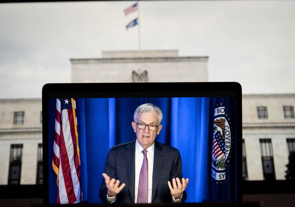 Photo taken in Arlington, the United States, on March 16, 2022 shows a screen displaying U.S. Federal Reserve Chairman Jerome Powell speaking during a virtual press conference. The U.S. Federal Reserve on Wednesday raised its benchmark interest rate for the first time since 2018 as it seeks to tame the highest U.S. inflation in four decades. (Liu Jie-Xinhua)