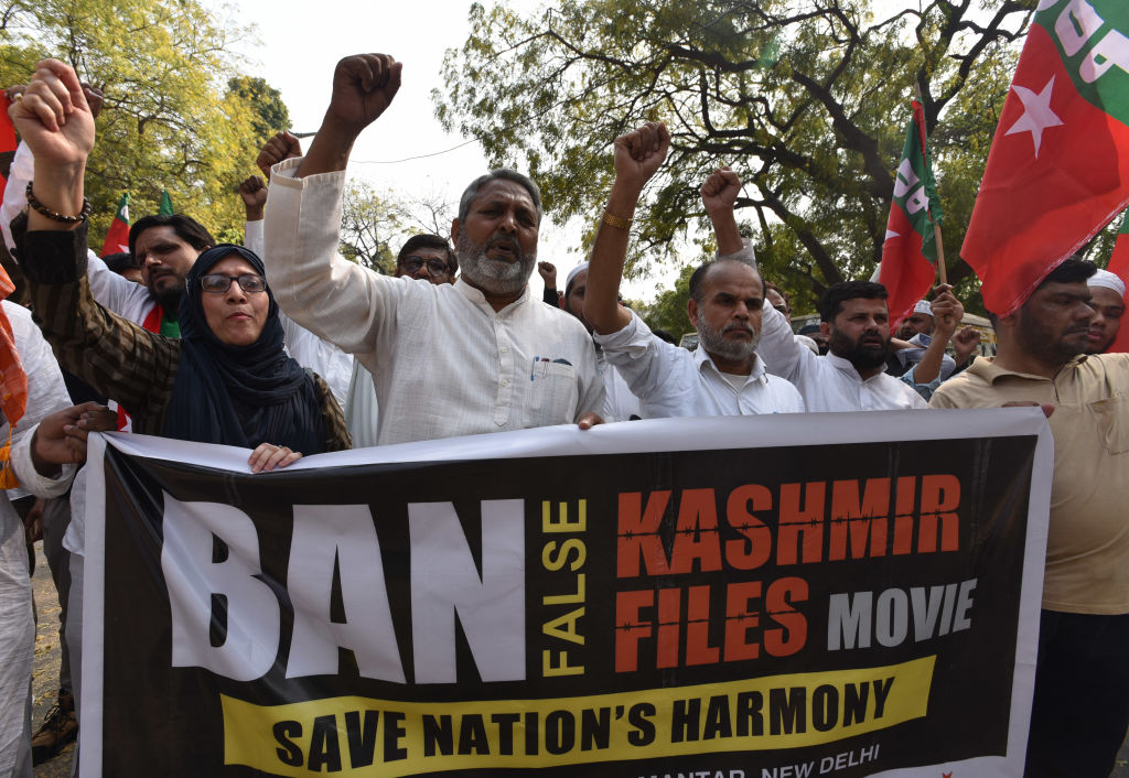 Social Democratic Party of India members demand that The Kashmir Files movie be banned, at Jantar Mantar on Mar. 19, 2022 in New Delhi, India. (Sonu Mehta/Hindustan Times via Getty Images)