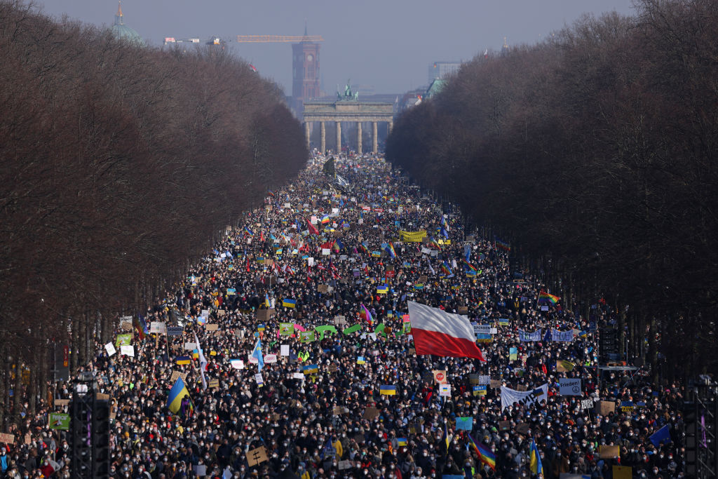 Tens of thousands of people gather in Tiergarten park to protest against the ongoing war in Ukraine on February 27, 2022 in Berlin, Germany. Battles across Ukraine are raging as Ukraine seeks to defend itself against a large-scale Russian military invasion. (Sean Gallup-Getty Images)