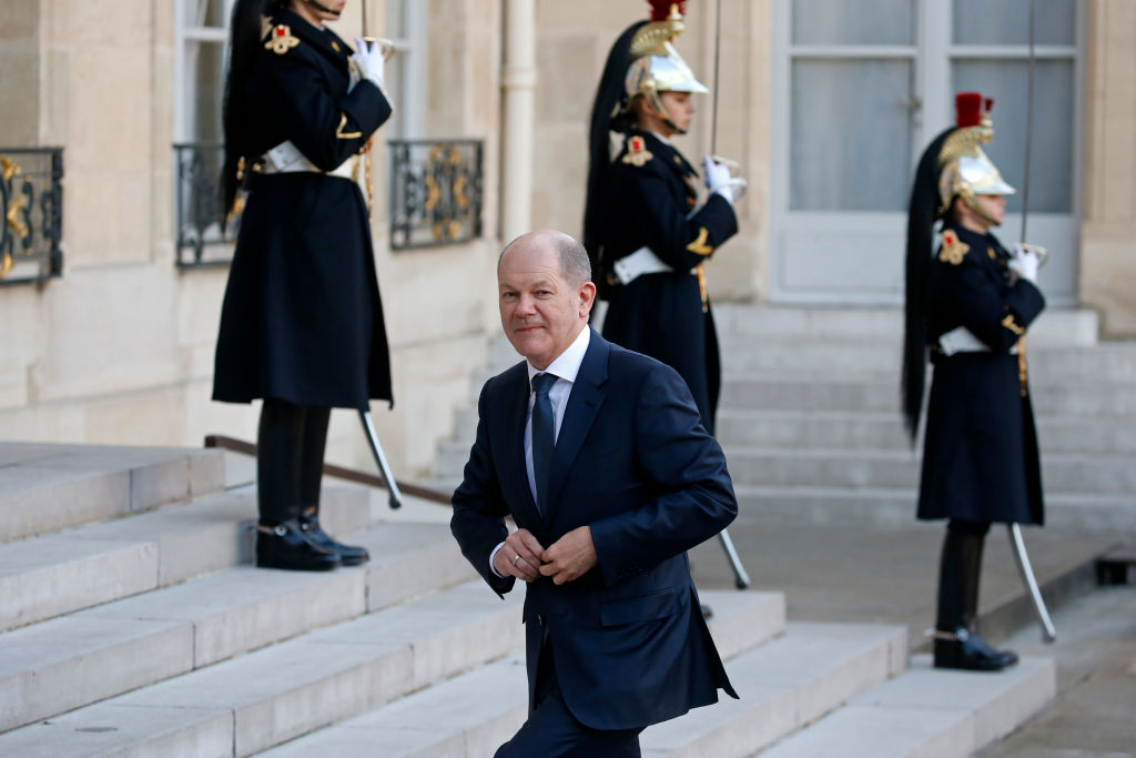 German Chancellor Olaf Scholz arrives for a meeting with French President Emmanuel Macron over Ukraine crisis at the Elysee Palace on February 28, 2022 in Paris, France. Mr. Olaf Scholz, Chancellor of the Federal Republic of Germany, Mr. Charles Michel, President of the European Council, and Mrs. Ursula Von Der Leyen, President of the European Commission will participate in this videoconference alongside the President of the Republic of France, Emmanuel Macron. (Thierry Chesnot-Getty Images)