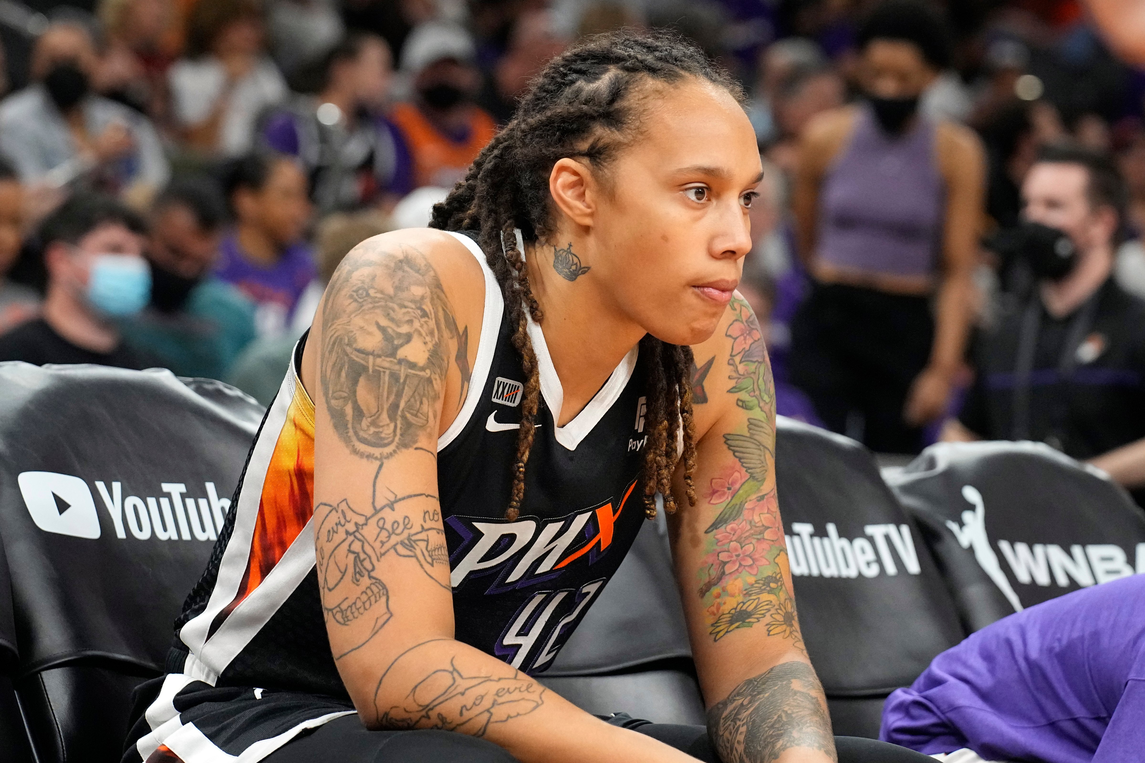 Phoenix Mercury center Brittney Griner (42) during the first half of Game 2 of basketball's WNBA Finals against the Chicago Sky, Oct. 13, 2021, in Phoenix. Her arrest in Russia took another turn when Russian authorities announced that they have extended her detention until May 19. (Rick Scuteri—AP)