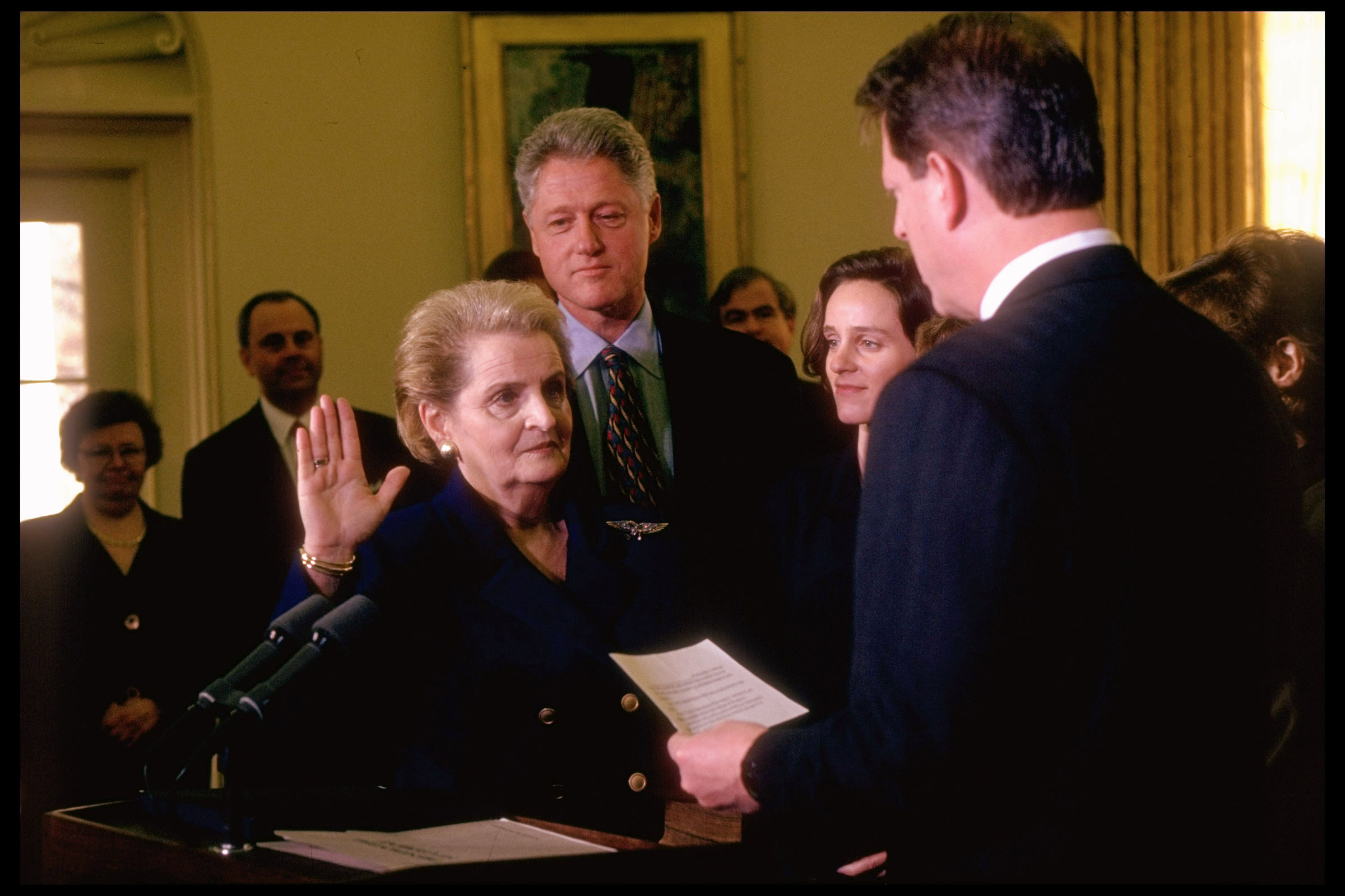 Vice President Al Gore swears in Madeleine Albright as the nation’s first female secretary of state on Jan. 23, 1997. (Diana Walker—Getty Images)