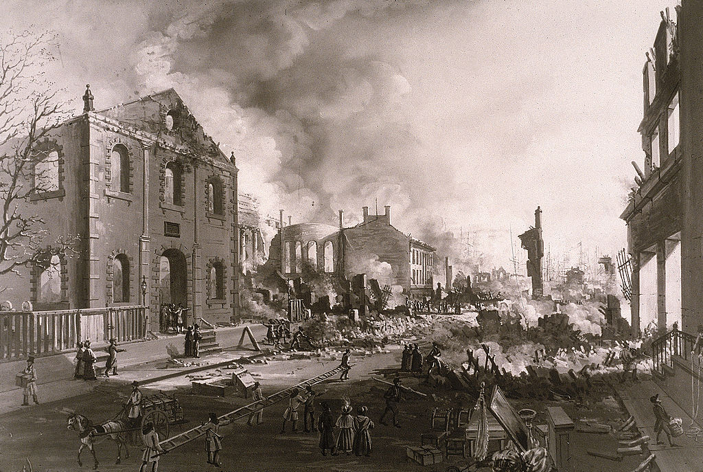 An illustration showing New York buildings in ruins after the Great Fire of 1835.