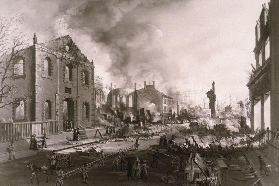 Une illustration montrant des bâtiments de New York en ruines après le grand incendie de 1835. 