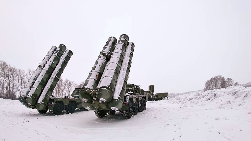 S-400 air defense systems, sent by Russia, are seen at the Brestsky training ground near Brest, Belarus on Feb. 3, 2022. (Russian Defense Ministry/Anadolu Agency/Getty Images)