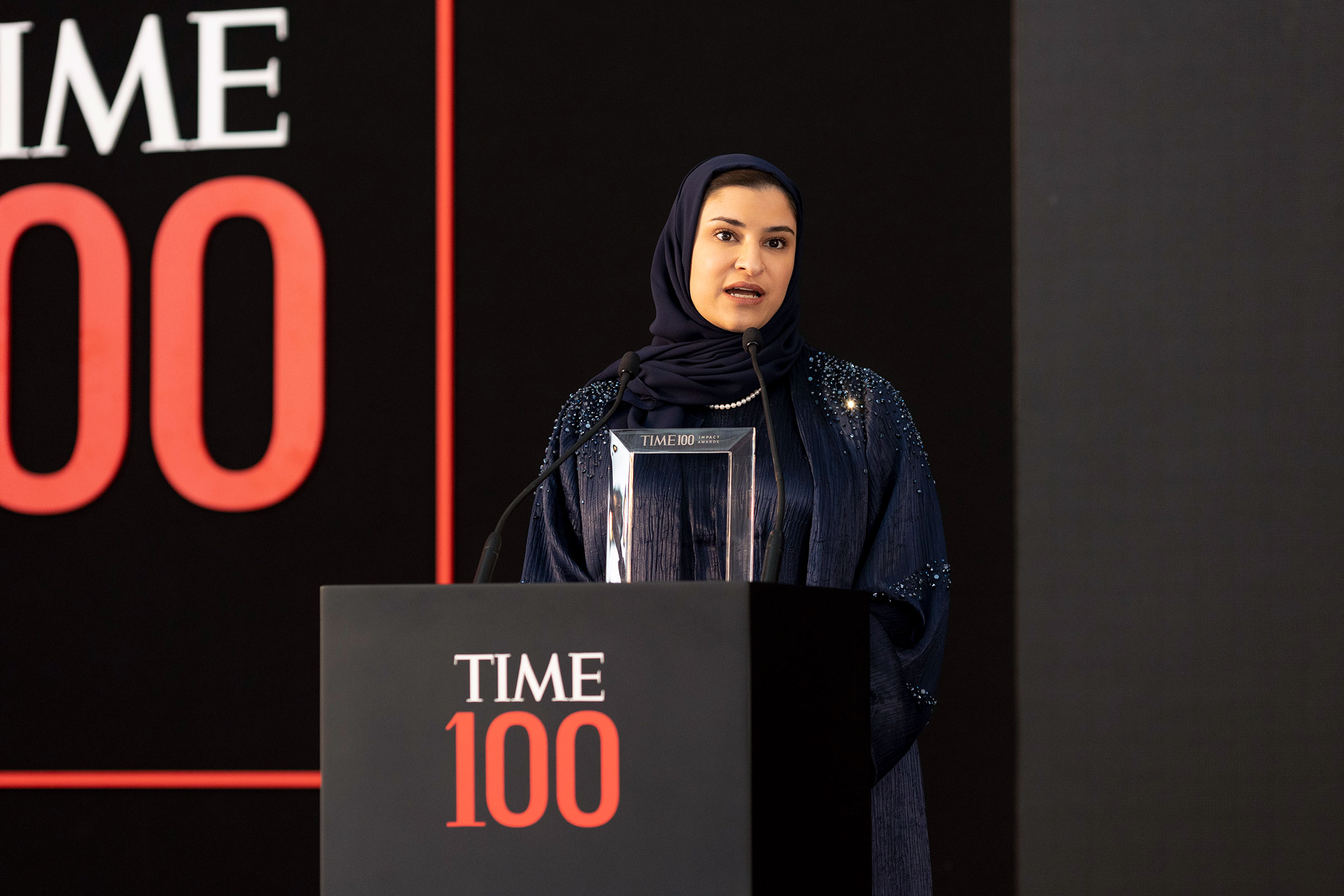 Sarah Al Amiri accepts the TIME 100 Impact Award at the TIME 100 Impact Awards and Gala at the Museum of the Future in Dubai on March 28, 2022. (Pause Films / Igor Moskalenko)