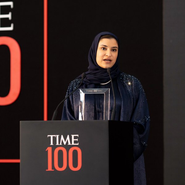 Sarah Al Amiri accepts the TIME 100 Impact Award at the TIME 100 Impact Awards and Gala at the Museum of the Future in Dubai on March 28, 2022.