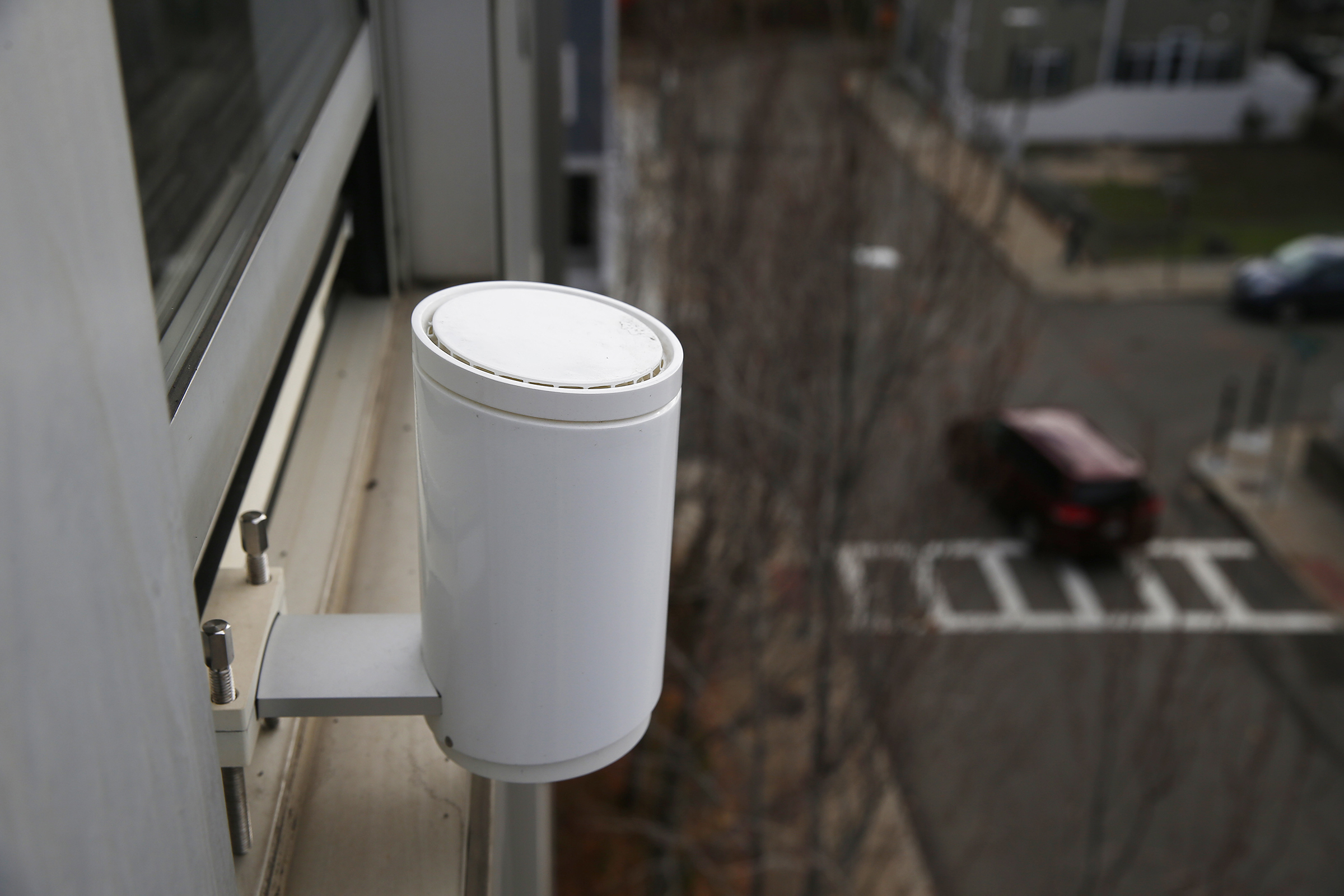 A Starry point wireless router that would serve local wifi for the new high-speed wireless broadband service is seen outside of the window at Starry Internet in Boston. (Jessica Rinaldi—The Boston Globe/Getty Images)