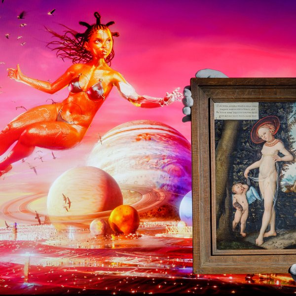 Serwah Attafuah’s [em]Creation of My Metaverse (Between this World and the Next)[/em] alongside [em]Venus with Cupid stealing honey, by a follower of Lucas Cranach the Elder,[/em] early 17th Century at Sotheby's on June 4, 2021 in London.