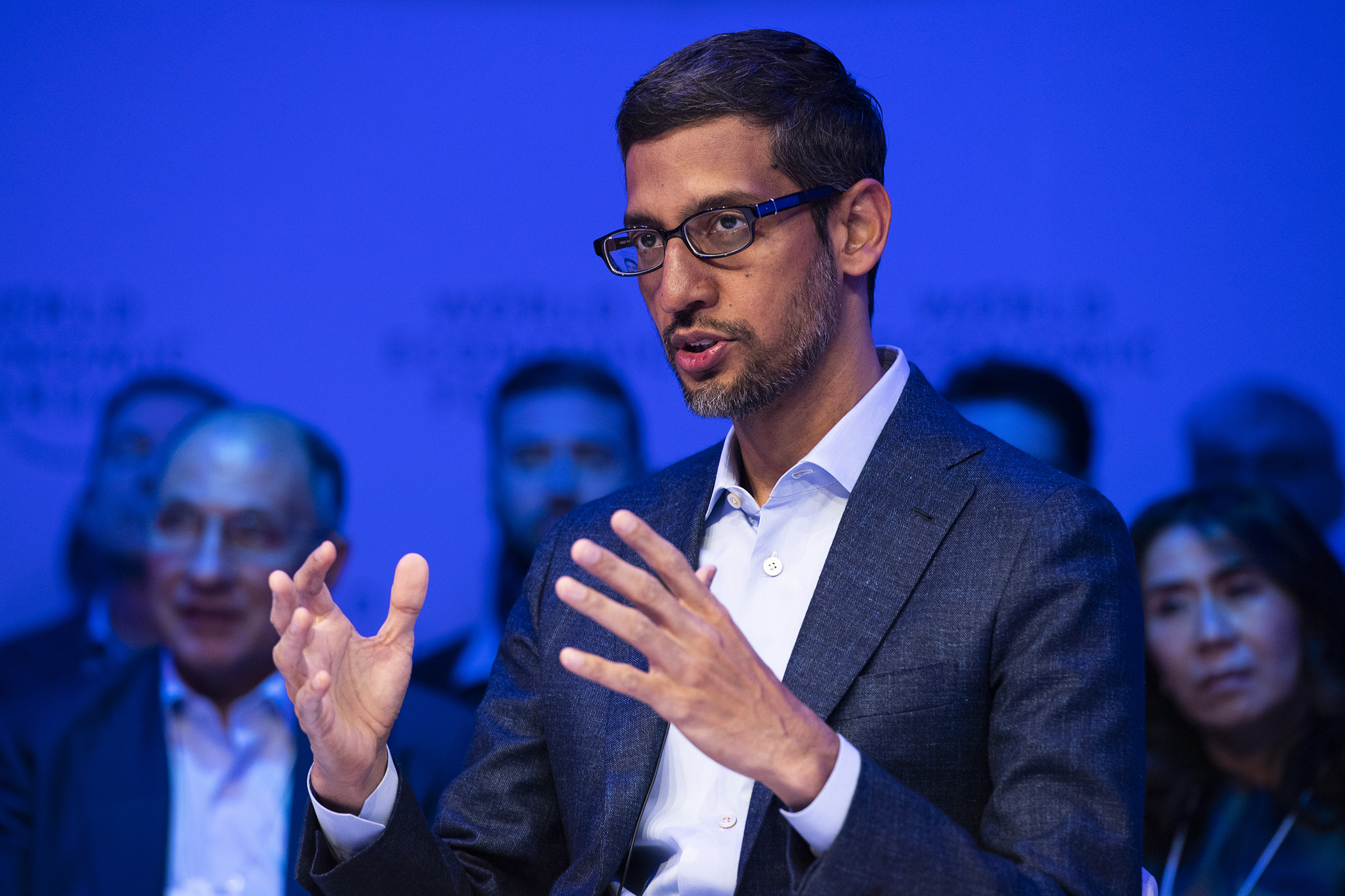 Sundar Pichai, Chief Executive Officer, Google and Alphabet, speaks during the 50th annual meeting of the World Economic Forum, WEF, in Davos, Switzerland, Wednesday, Jan. 22, 2020. (Gian Ehrenzeller—Keystone/AP)