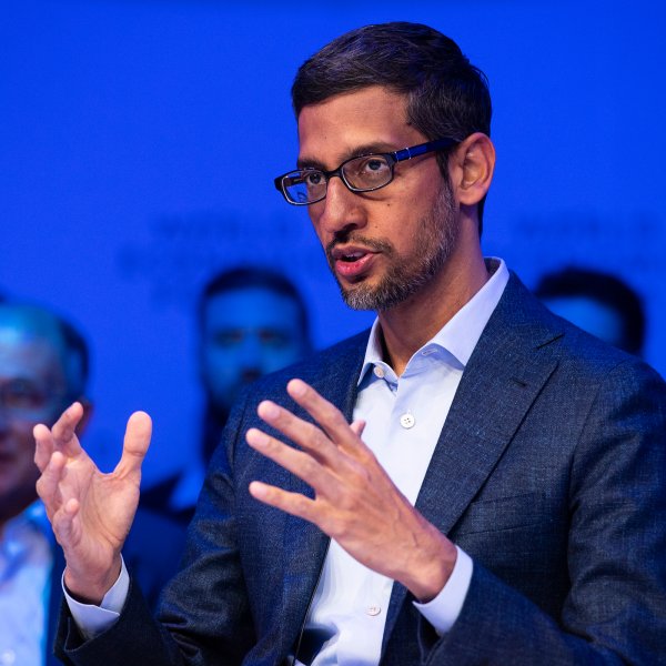 Sundar Pichai, Chief Executive Officer, Google and Alphabet, speaks during the 50th annual meeting of the World Economic Forum, WEF, in Davos, Switzerland, Wednesday, Jan. 22, 2020.